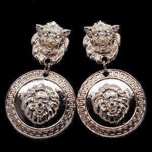 Gold Lion Medallion Drop Earrings